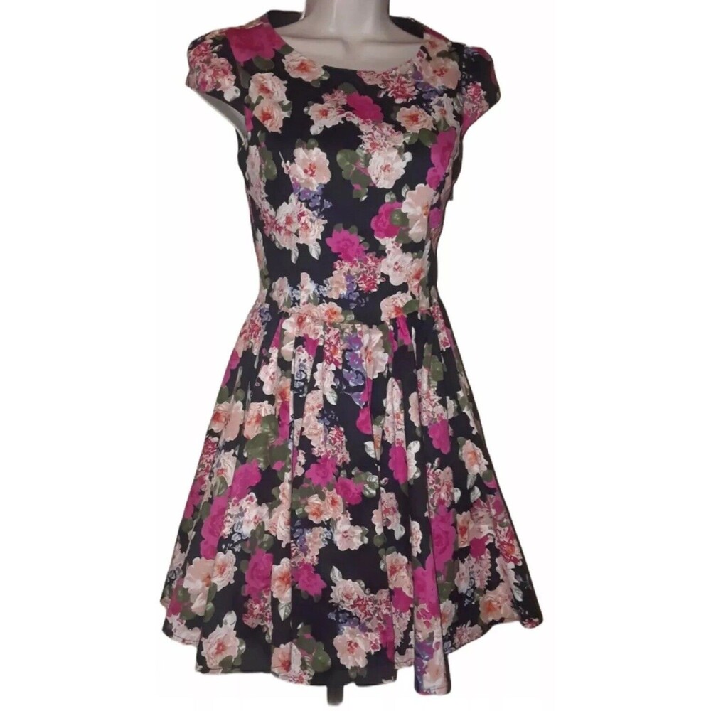 Gracia Floral Fit & Flare Dress S Small Black Pink Cottagecore Y2K